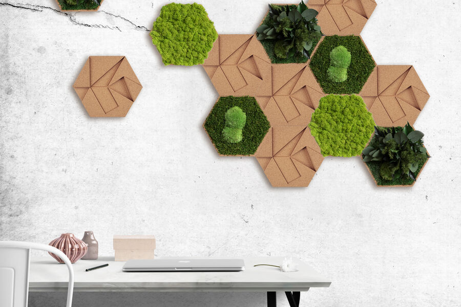 Die Schallschutz Wandpaneele von styleGREEN sorgen für eine verbesserte Akustik, sind flexibel und sind stylisch Hexagone aus Kork, hellgrünem konserviertem Islandmoos, Wald- und Kugelmoos sowie Pflanzen als Wanddekoration über einem Schreibtisch