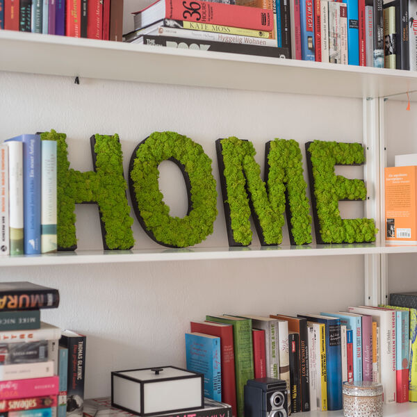 styleGREEN Moosbuchstaben Piktogramme styleGREEN Moosbuchstaben im Schriftzug HOME in Bücherregal