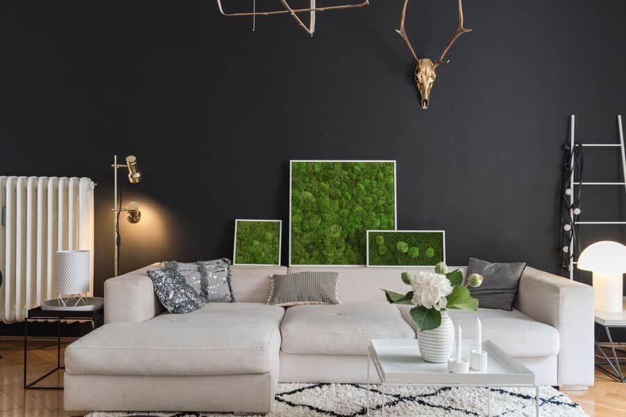 Wohnzimmer mit Sofa und Moosbildern als Dekoration