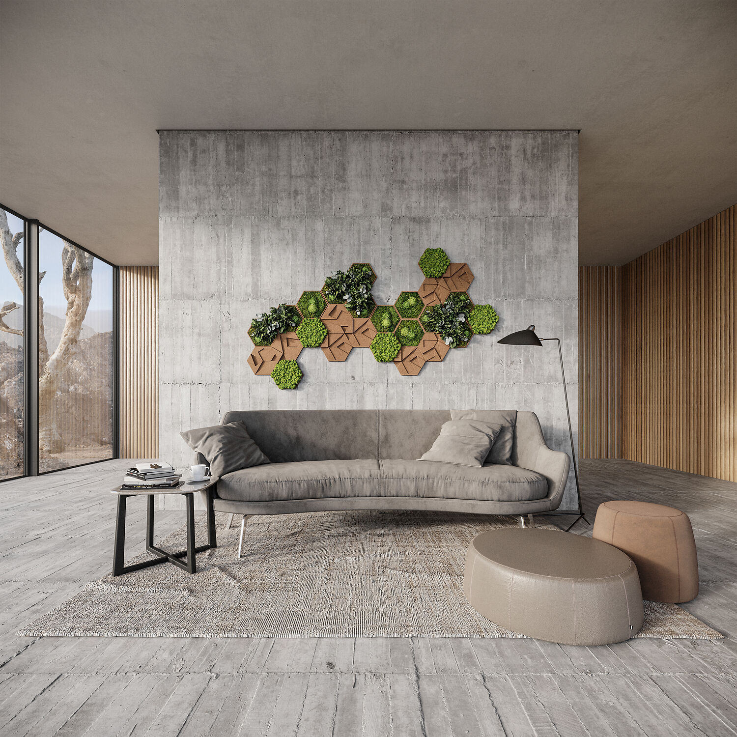 Moosbild Hexagon Set im Wohnzimmer