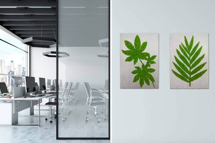 styleGREEN Akustikbilder mit den Motiven Aralie und Phönix als Dekoration und Schallschutz für Büros styleGREEN Akustikbilder als Schallschutz im Büro